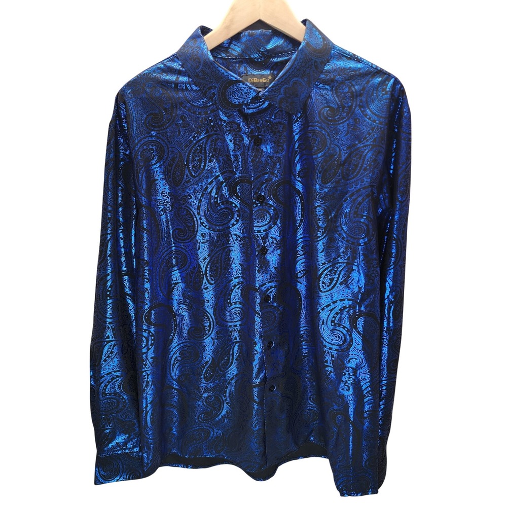 DiBanGu Mens XXL Blue Black Metallic Paisley Long Sleeve Button Down Shirt NWOT